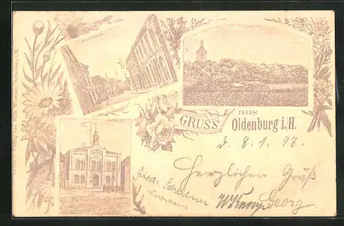 Lithographie Oldenburg i. H., Schuhstrasse mit Gebäudeansicht, Rathaus, Totalansicht