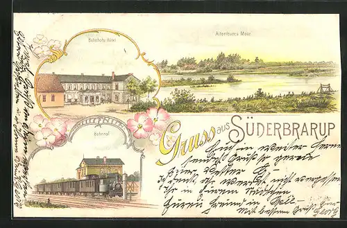 Lithographie Süderbrarup, Bahnhof mit Dampflok, Bahnhofs-Hotel, Alterthums Moor