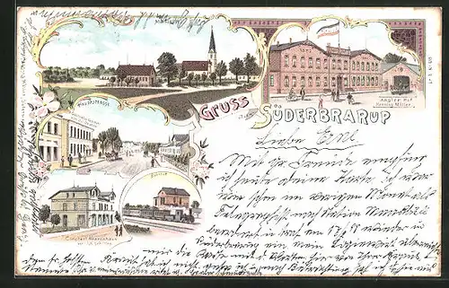 Lithographie Süderbrarup, Hotel Angler Hof, Hauptstrasse mit Colonialwarengeschäft, Bahnhof mit Dampflok