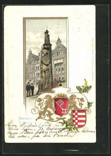 Passepartout-Lithographie Bremen, Der Roland Denkmal, Wappen