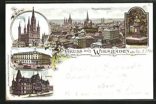 Lithographie Wiesbaden, Evangelische Haupt-Kirche, Schloss, Bodenstedt Denkmal