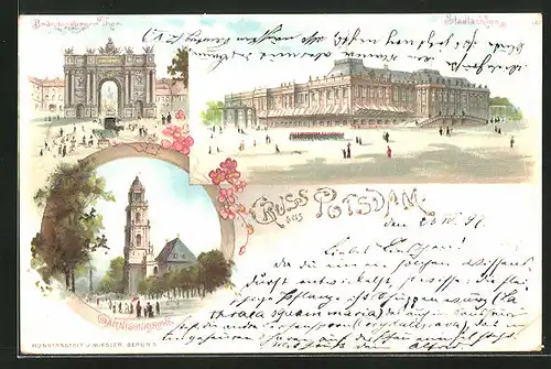 Lithographie Potsdam, Stadtschloss, Garnisonskirche, Brandenburger Tor