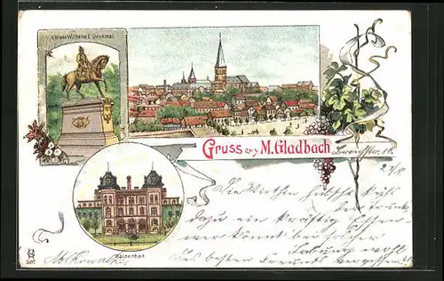 Künstler-AK M.-Gladbach, Teilansicht, Kaiser Wilhelm I. Denkmal, Kaiserbad