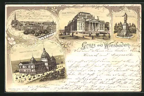 Lithographie Wiesbaden, Augusta Victoria Bad, Königliches Hoftheater, Denkmal Wilhelm I.