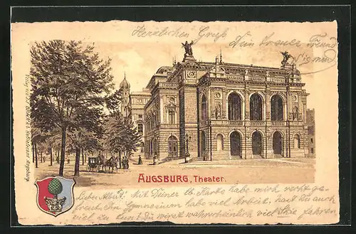 Lithographie Augsburg, Theater mit Wappen