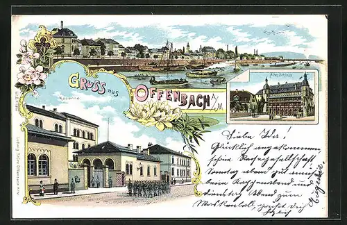 Lithographie Offenbach a. M., Strassenpartie mit Kaserne und alten Schloss und Flusspartie mit Schiffen