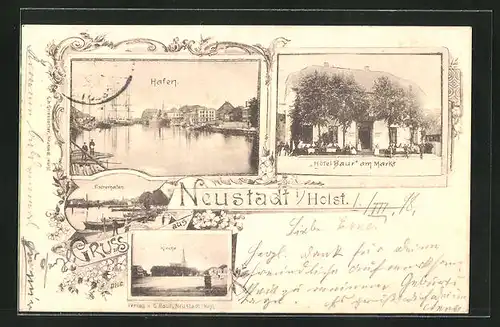 AK Neustadt i. Holst., Hotel Baur am Markt, Partie am Fischerhafen