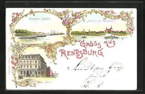 Lithographie Rendsburg, Hotel Green, Obereider Hafen