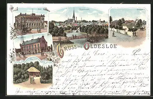 Lithographie Oldesloe, Stadtansicht der Post, des Soolbads und eines Pavillons