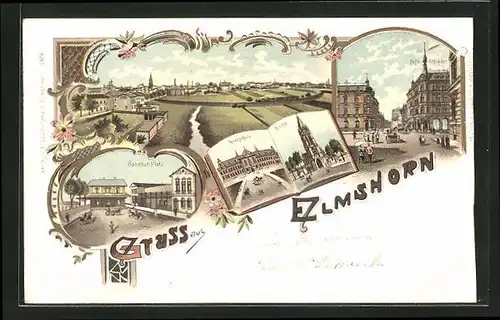 Lithographie Elmshorn, Cafe Schrader bei der Königstrasse, Kirche, Realschule