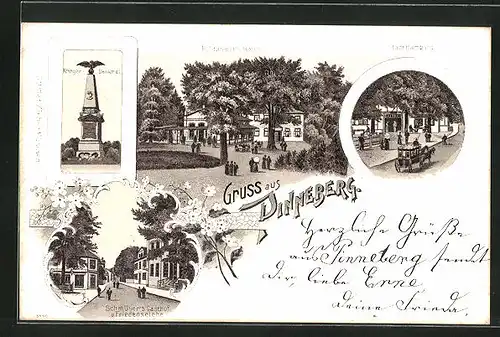Lithographie Pinneberg, R. Strahmer`s Hotel, Kriegerdenkmal, Schmüser`s Gasthof u. Friedenseiche