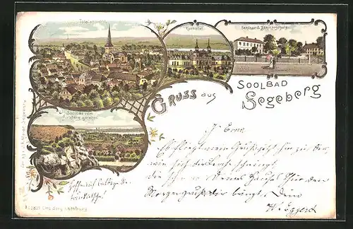 Lithographie Segeberg, Kurhotel, Soolbad vom Kalkberg gesehen, Seminarschule