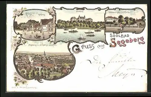 Lithographie Segeberg, Soolbad, Kirchstrasse mit Kalkberg, Seminar und Schule