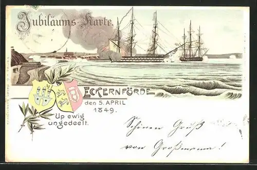 Lithographie Eckernförde, Jubiläumskarte, Seeschlacht 5. April 1849