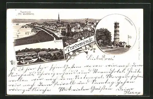 Lithographie Travemünde, Leuchturm, Kurhaus