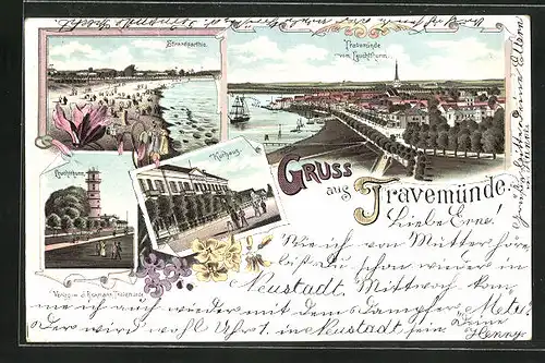 Lithographie Travemünde, Ort vom Leuchturm gesehen, Strandpartie, Kurhaus