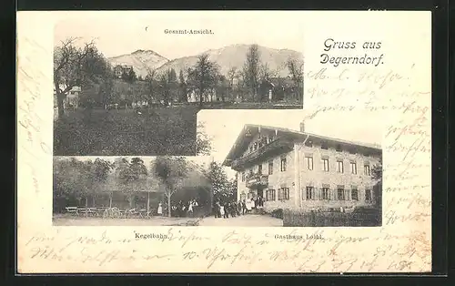 AK Degerndorf, Gasthaus Loibl mit Kegelbahn, Ortspartie mit Gebirge im Hintergrund