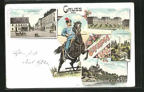 Lithographie Grimma, Kaserne, Langestrasse, Gattersburg, Kriegerdenkmal, Husar in Uniform