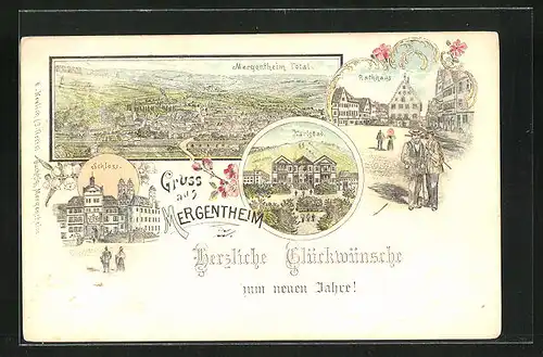 Lithographie Mergentheim, Hotel Karlsbad, Rathaus, Schloss