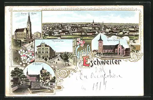 Lithographie Eschweiler, Rosenallee, Kathol. Kirche, St. Antonius-Hospital
