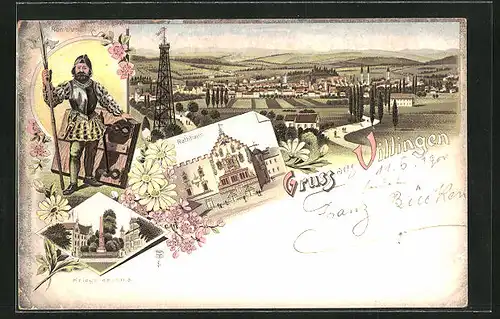 Lithographie Villingen, Rathaus, Kriegerdenkmal, Romeius, Ortsansicht