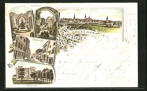 Lithographie Lippstadt, Stiftsruine, Langestrasse, Totalansicht vom Ort