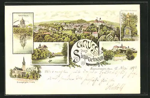 Lithographie Sigmaringen, Mausoleum, Schloss, Carl Anton-Denkmal