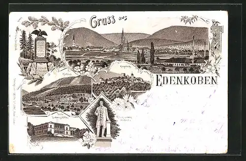 Lithographie Edenkoben, Gasthaus Kurhaus, Villa Ludwigshöhe, Kriegerdenkmal