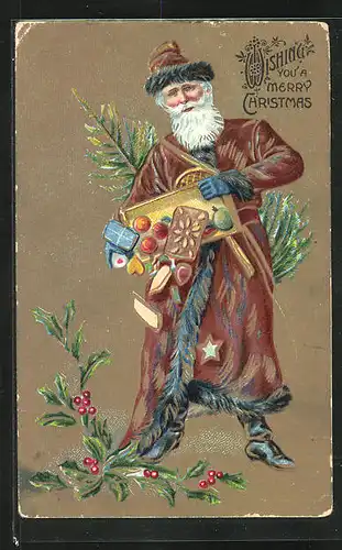AK Weihnachtsmann mit Tannenbaum, Leckereien und Weihnachtssterne, Weihnachtsgrüsse
