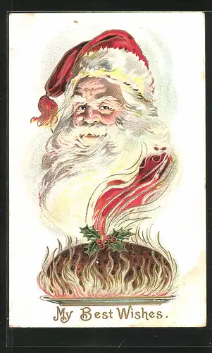 Präge-AK Weihnachtsmann mit dampfendem Früchtebrot, Weihnachtsgrüsse