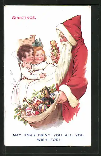 AK Weihnachtsgrüsse, Der Weihnachtsmann überrascht Kinder mit Geschenken, Weihnachtsgrüsse