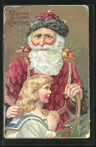Präge-AK Weihnachtsmann mit betendem Kind, Weihnachtsgrüsse