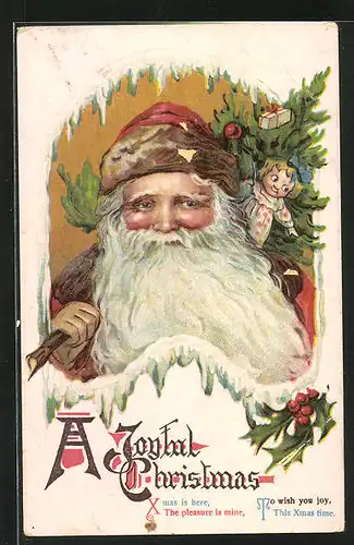 AK Weihnachtsmann mit Tannenbaum und Spielzeug, Weihnachtsgrüsse