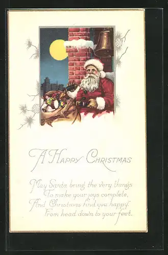 AK Weihnachtsmann sitzt bei Vollmond auf einem Glockenturm, Weihnachtsgrüsse