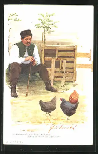 Künstler-AK Tscheche mit Pfeife beim Hühnerstall
