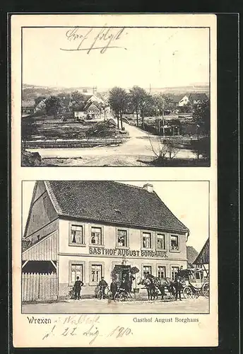 AK Wrexen, Gasthof August Borghaus, Strassenpartie mit Brücke