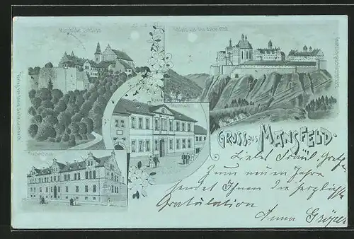 Mondschein-Lithographie Mansfeld, Siechenhaus, Kreis-Ständehaus, Schloss