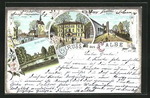 Lithographie Calbe, Schloss v. Alvensleben, Kirche, Strassenpartie bei der Burgruine