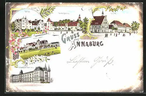 Lithographie Annaburg, Unteroffizier-Vorschule, Vorder Schloss, Markt