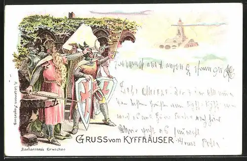 Lithographie Kyffhäuser, Darstellung von Barbarossas Erwachen
