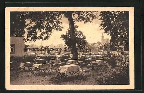 AK Wechselburg /Mulde, Gasthaus Ratskeller, Blick auf die Terrasse