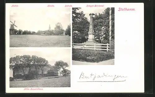 AK Stollhamm, Krieger-Denkmal, altes Bauernhaus, Panorama mit Kirche