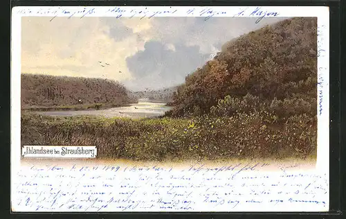 Lithographie Straussberg, idyllischer Jhlandsee umgeben von Wald