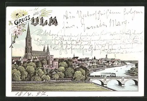 Lithographie Ulm a. D., Gesamtansicht mit Kirche undd Flusspartie, Brücke mit Dampflok