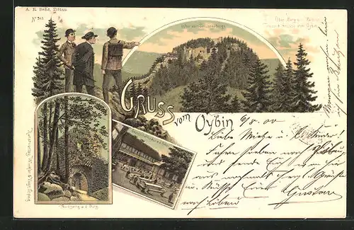 Lithographie Oybin, Gasthaus am Schuppenberge, Ausgang an der Burg