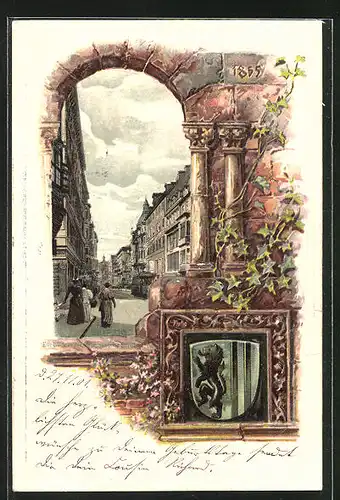 Passepartout-Lithographie Leipzig, Grimmaische Strasse, Stadt-Wappen