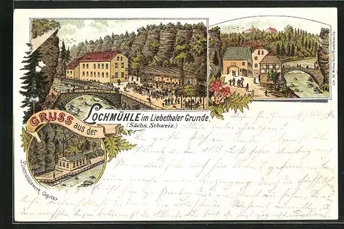 Lithographie Lohmen, Gasthaus Lochmühle im Liebethaler Grunde, Elektrizitätswerk Copitz