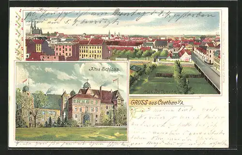 Lithographie Coethen i /A., Teilansicht, Altes Schloss