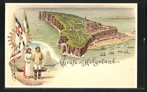 Lithographie Helgoland, Helgoländer, Totalansicht