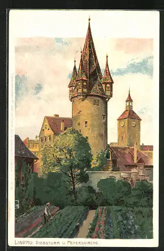 Künstler-AK Zeno Diemer: Lindau, Diebsturm und Peterskirche